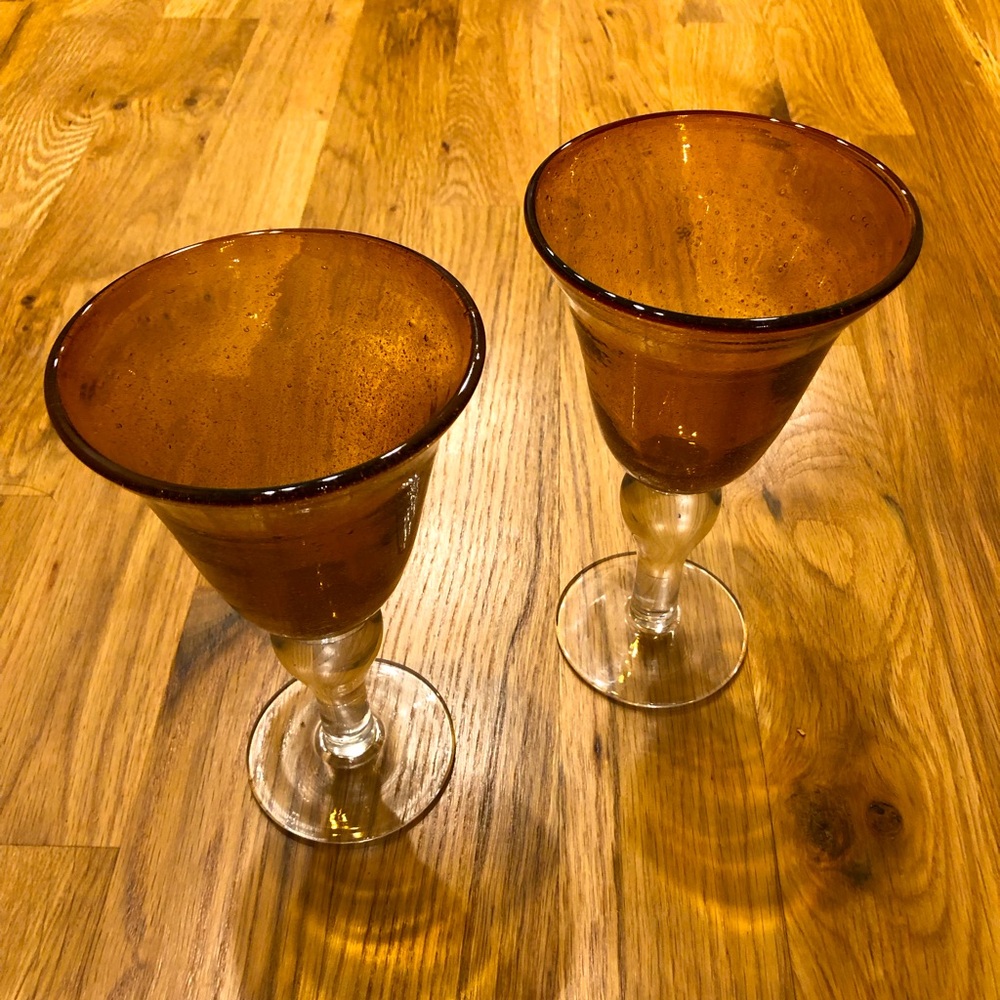 Artland Iris Amber Hand Blown Bubble Wine Water Goblet Set of 2